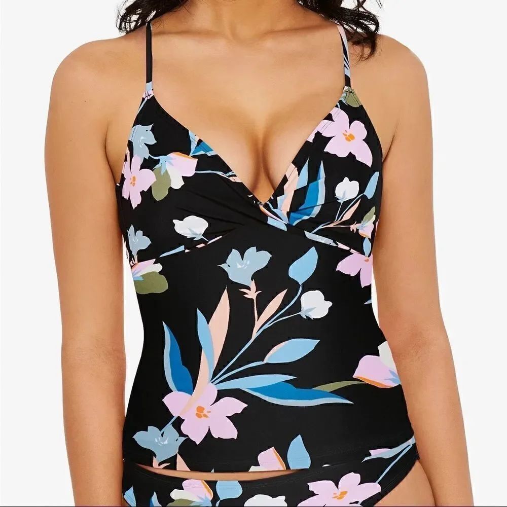 Hula Honey Juniors' Flourishing Floral Tankini Top Black Multi Medium NWT
